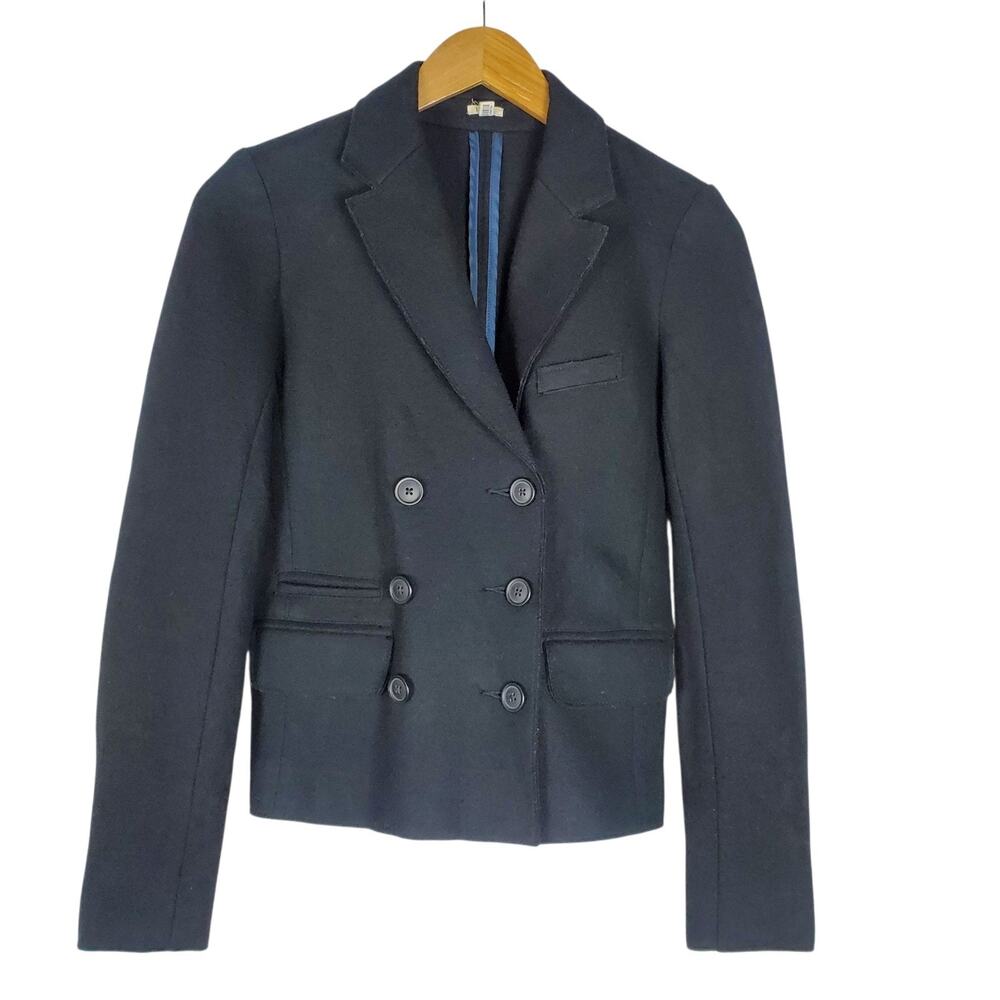 J CREW Boiled Wool Double Breasted Blazer Size 2 Black Surgeons Cuffs Womens